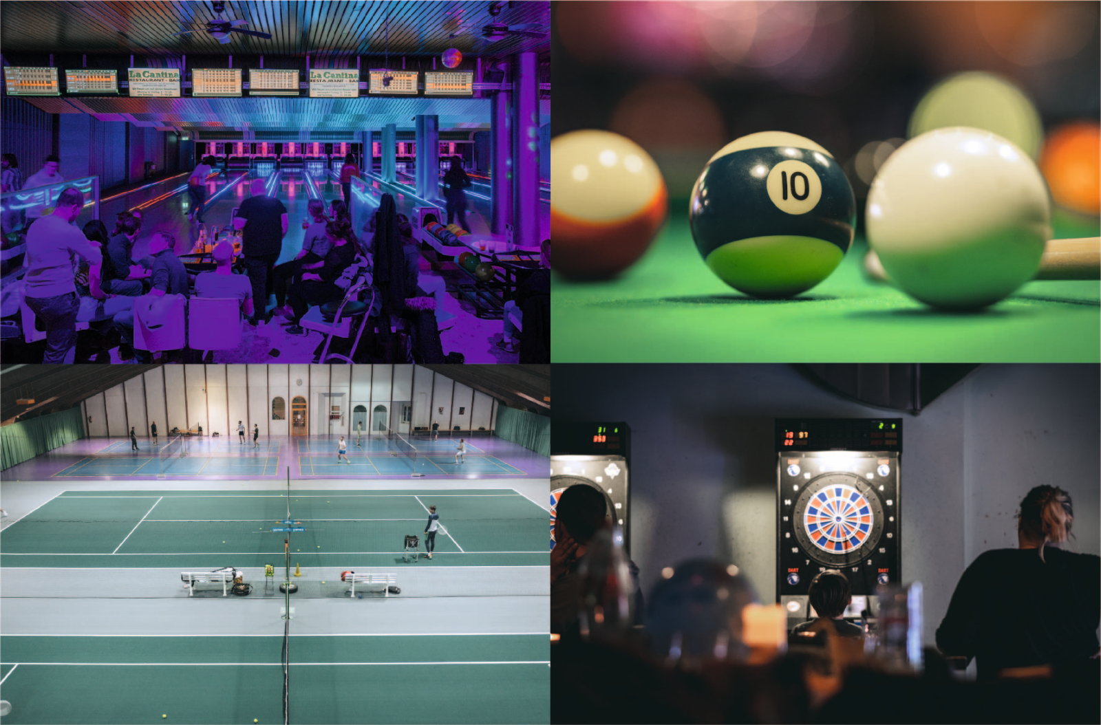 Sport und Unterhaltung mit Bowling, Billard, Snooker, Darts, Tennis und Badminton. © Hannemann Media AG